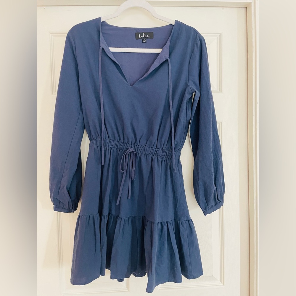 Lulus Navy Long Sleeve Tiered Mini Dress – Size S (NWT)